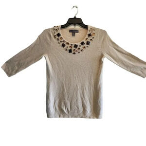Josephine Chaus Top Womens Size Small Beige Knit Round Neck Studded Pullover
